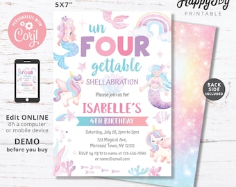 unFOURgettable Birthday Mermaid Unicorn Invitation, Girl 4th Magical Birthday Pink Purple, Editable Corjl Template INSTANT Digital Download