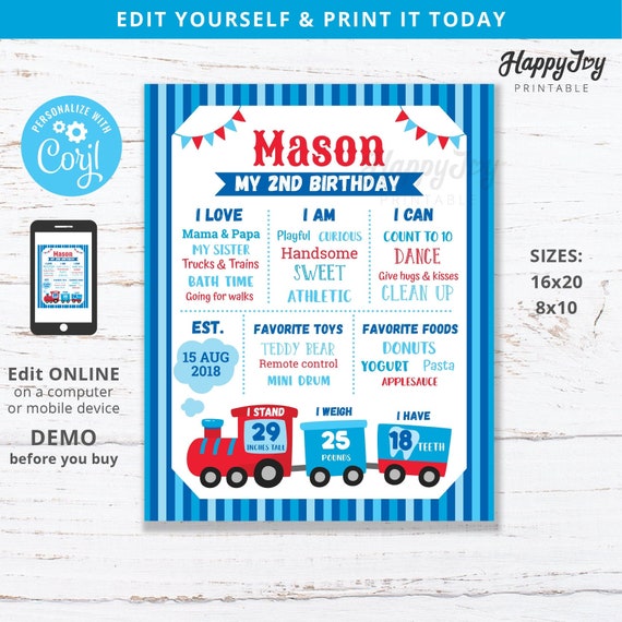 Train Milestone Board Poster Sign, 8x10, 16x20 Digital File, Chugga Choo Boys Birthday, Editable Template INSTANT Access Self Edit w Corjl Il_570xn