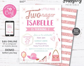 TWOnager Girl 2nd Birthday Invitation, Little Miss Two nager, Twonager Editable Template INSTANT Digital Download Access, Self Edit Corjl
