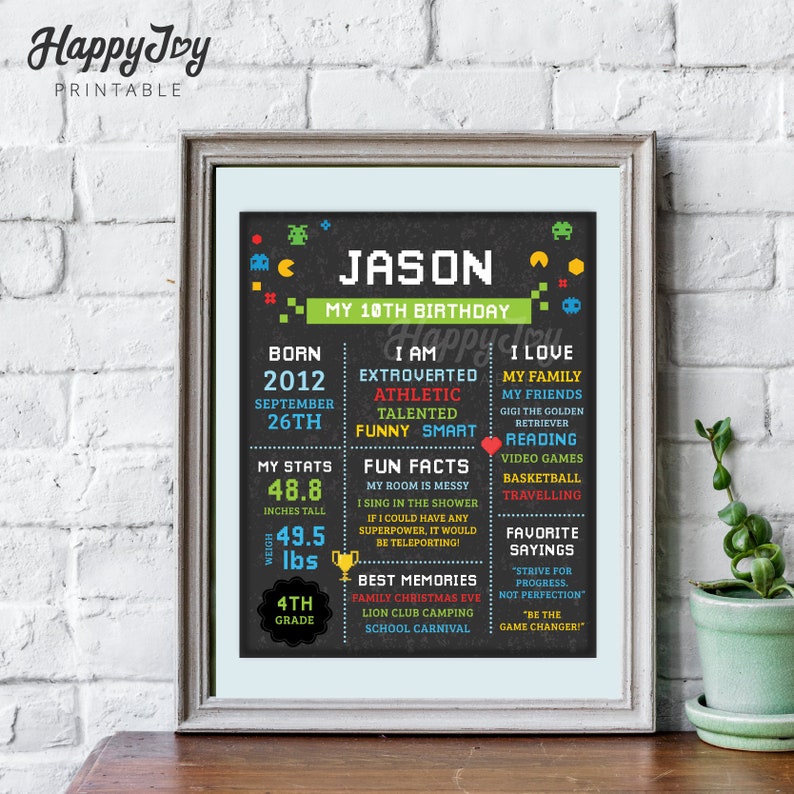 May include: A black and white printable birthday poster with a green, red, and blue pixelated design. The poster is for a 10th birthday and features the name Jason, the date of birth, height, weight, and other fun facts about the birthday boy.