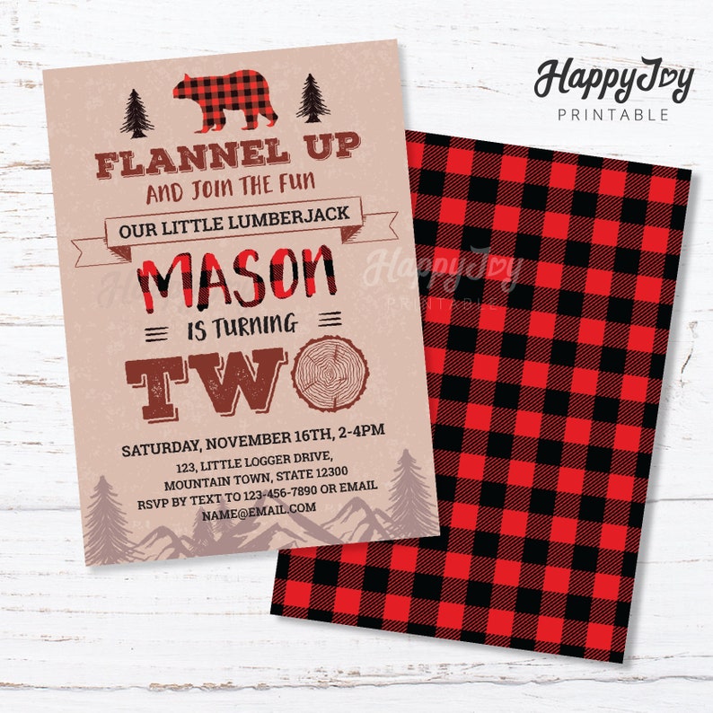 May include: A red and black plaid background with a tan invitation card. The invitation card has a brown bear wearing a red and black plaid shirt, a tree, and the text "Flannel Up and Join the Fun". The invitation is for a birthday party for a boy named Mason who is turning two. The invitation includes the date, time, address, and RSVP information.