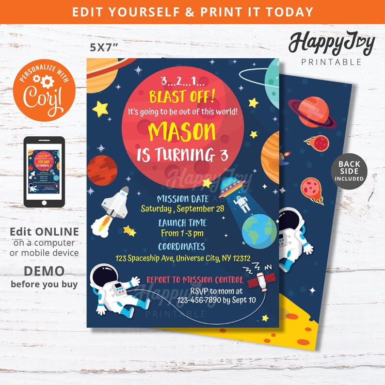 May include: A blue and red space-themed birthday invitation for a boy turning 3. The invitation features an astronaut, planets, and a rocket ship. The text on the invitation reads "3...2...1... BLAST OFF! It's going to be out of this world! MASON IS TURNING 3".