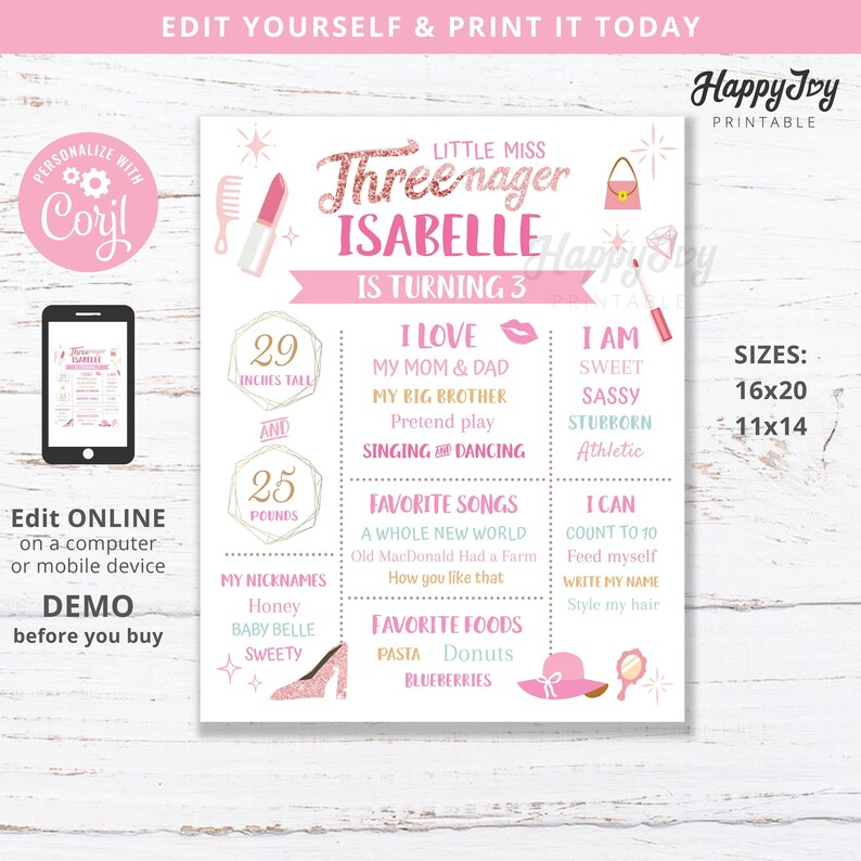 May include: A pink and gold printable birthday sign for a girl turning three. The sign features the text "Little Miss Threenager" with a glittery pink background. The sign also includes the girl's name, age, height, weight, favorite things, and other fun facts.
