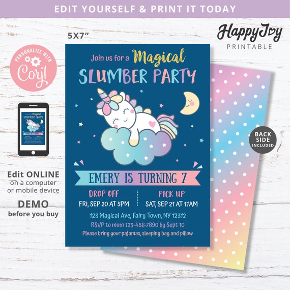 Unicorn Slumber Party Night Invitation, Girls Sleepover Birthday Invite, Editable Template INSTANT Digital Download Access, Self Edit Il_570xn