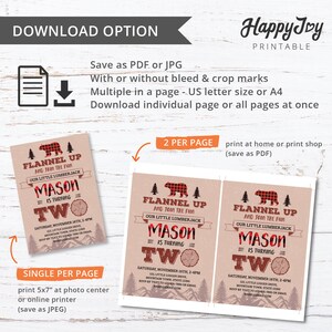 May include: Printable invitation for a 2nd birthday party with a flannel and lumberjack theme. The invitation features a red and black plaid bear with a brown background. The text on the invitation reads "Flannel Up and Join the Fun, Our Little Lumberjack Mason is Turning Two".