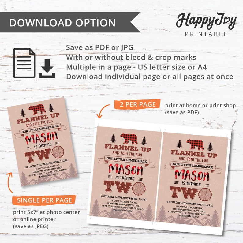 May include: Printable invitation for a 2nd birthday party with a flannel and lumberjack theme. The invitation features a red and black plaid bear with a brown background. The text on the invitation reads "Flannel Up and Join the Fun, Our Little Lumberjack Mason is Turning Two".