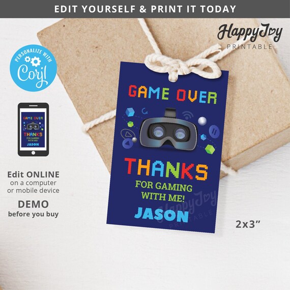 VR Game Favor Tag, Game Over Thank You Label 2x3 Printable, Blue, Virtual Reality Video Gaming, Editable Template INSTANT Access, Self Edit Il_570xn