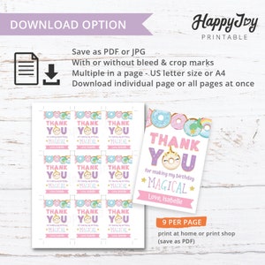 May include: Printable thank you cards featuring a donut with a unicorn horn and the text "Thank You for making my birthday magical". The cards are pink, purple, and blue with a donut and rainbow design. The text "9 per page" is also included.