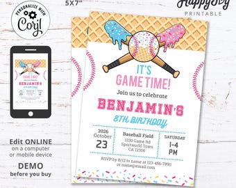 Baseball Ice Cream Drip Birthday Invitation, Boy Baseball Sport Game Party Invite Any Age, Editable Template Digital INSTANT Download Corjl