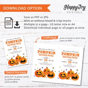 May include: Printable invitation for a pumpkin carving party. The invitation features a cartoon illustration of pumpkins with jack-o-lantern faces. The text on the invitation reads "Join us for our 5th annual Pumpkin Carving Party, Saturday, October 26, 6PM-10PM".