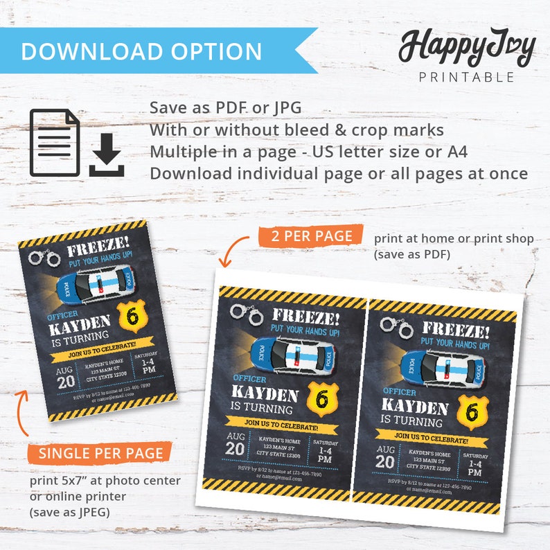 May include: Printable invitation for a police-themed birthday party. The invitation features a blue and white police car, handcuffs, and the text "Freeze! Put your hands up!"  The invitation is for a boy named Kayden who is turning 6. The invitation includes the date, time, and location of the party.