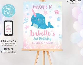 Narwhal Birthday Welcome Sign, Girls Narwhal Party Welcome Poster Sign 16x20, Editable Template INSTANT Digital Download, Self Edit Corjl