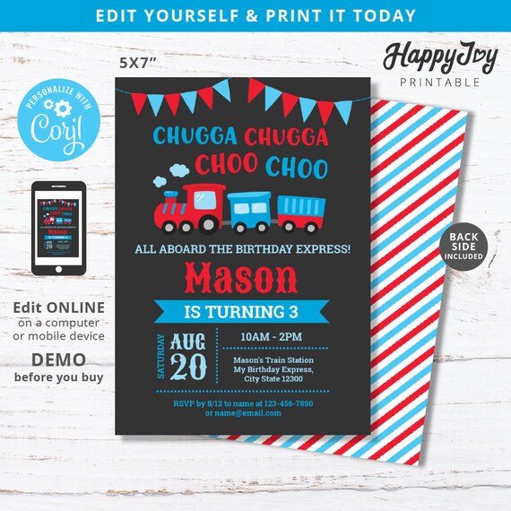 Chugga Choo Choo Invitation, Train Boys Transport Birthday Invite, Dark Background, Editable Template INSTANT Access, Self Edit with Corjl Il_570xn