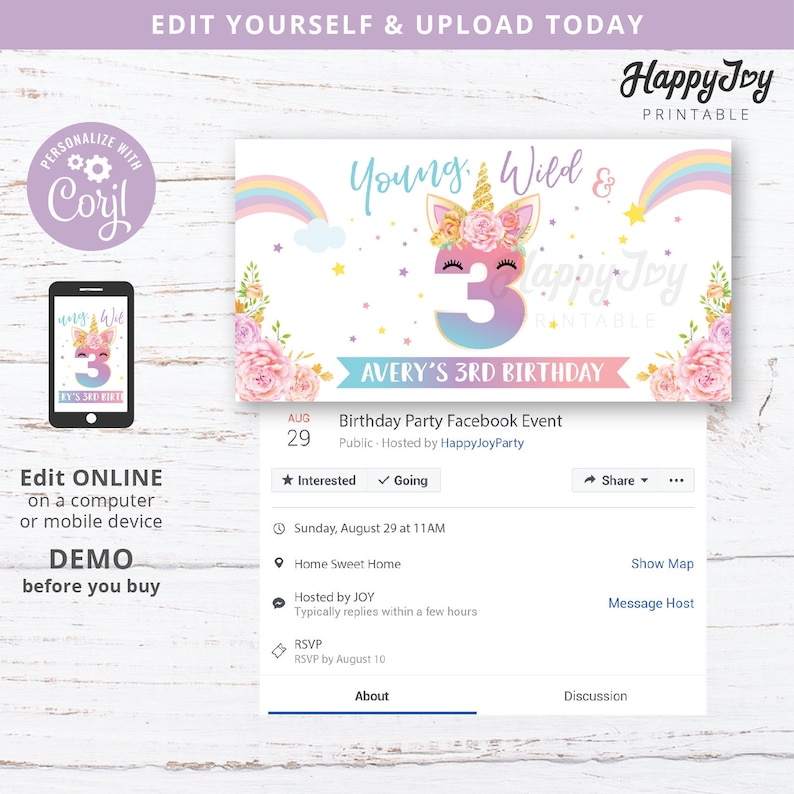 May include: A Facebook event invitation for a 3rd birthday party with a unicorn theme. The invitation features a pink, blue, and purple unicorn with a rainbow and stars. The text on the invitation reads "Young, Wild & Happy Joy Printable" and "Avery's 3rd Birthday".