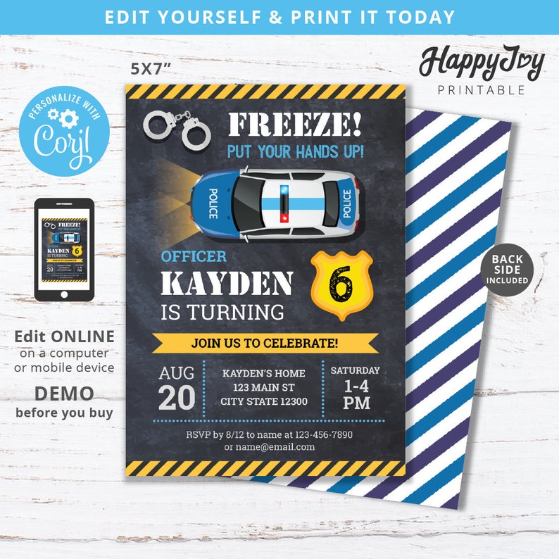 Police Birthday Invitation, Officer Cop Party Policeman Invite, Freeze Hands Up, Editable Template INSTANT Access Self Edit Corjl image 1