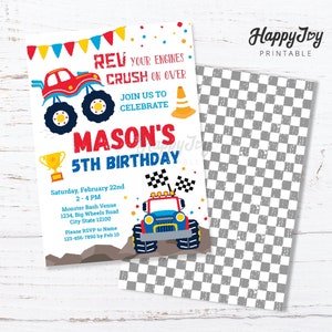 May include: A monster truck birthday party invitation with a red monster truck and a blue monster truck. The invitation has a checkered background and the text "Rev your engines, crush on over, join us to celebrate Mason's 5th birthday".
