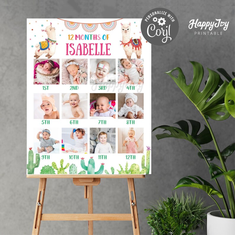 May include: A printable 12-month baby photo collage featuring a llama and cactus theme. The collage is titled "12 Months of Isabelle" and has spaces for 12 photos.