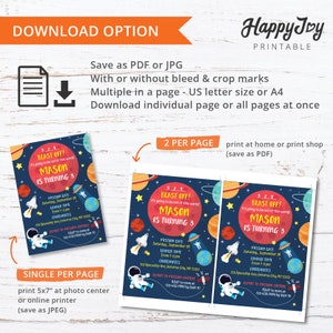 May include: Printable invitation for a space-themed birthday party. The invitation features a cartoon astronaut in a spacesuit, planets, and stars. The text on the invitation reads "Blast Off! It's going to be out of this world! Mason is turning 3".