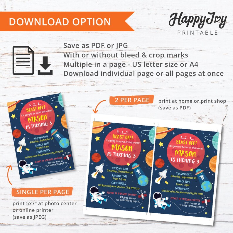 May include: Printable invitation for a space-themed birthday party. The invitation features a cartoon astronaut in a spacesuit, planets, and stars. The text on the invitation reads "Blast Off! It's going to be out of this world! Mason is turning 3".