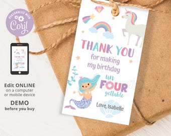 UnFOURgettable 4th Birthday Favor Tag Printable, Mermaid Unicorn Magical Thank You Label Tag, Editable Template INSTANT Download Corjl