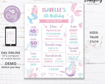 Affiche tableau noir pour anniversaire sirène, fête d'anniversaire sur le thème des coquillages, modèle modifiable à télécharger instantanément (Corjl)