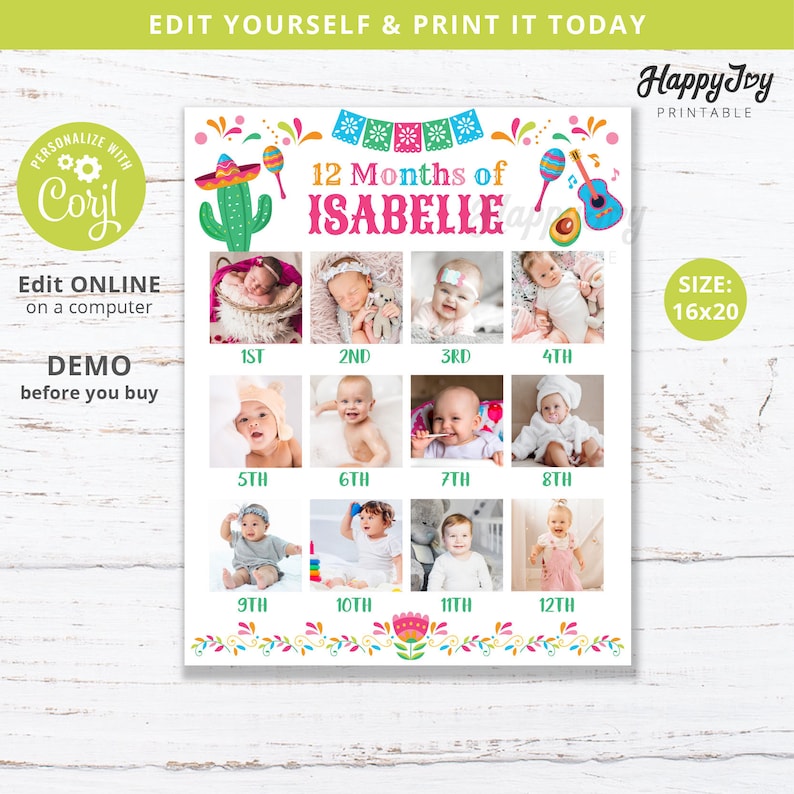 Pode incluir: Um colagens de fotos imprim&iacute;vel de 12 meses com um tema de festa mexicana. A colagens apresenta um t&iacute;tulo que diz "12 Meses de Isabelle" e tem 12 espa&ccedil;os para fotos de um beb&ecirc;.