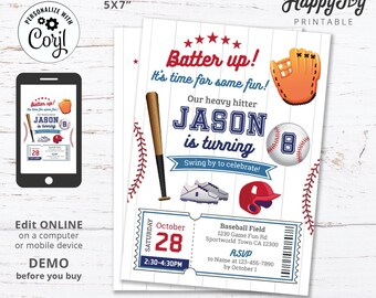 Baseball Birthday Invitation, Boy Baseball Party Invite Any Age, Base Ball Rookie Year,  Editable Template INSTANT Download Self Edit Corjl