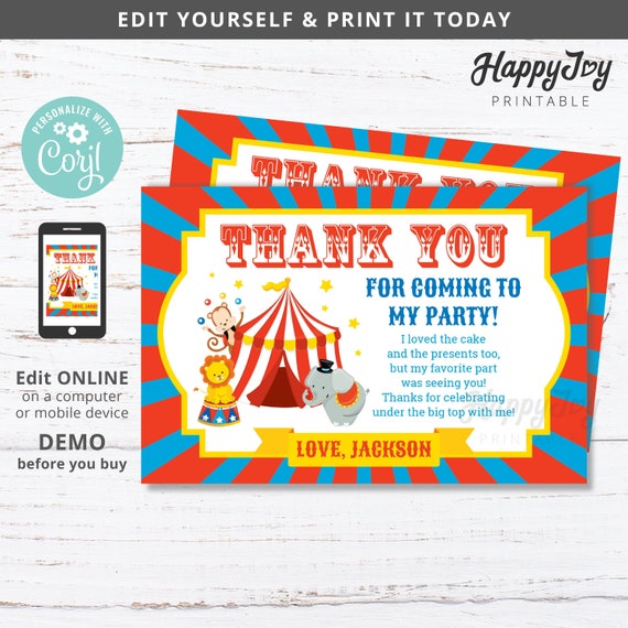 Circus Carnival Party Thank You Note Card 4x6, Greatest Show Boys Girls, Editable Template INSTANT Access, Self Edit with Corjl Il_570xn