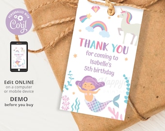 Mermaid Unicorn Birthday Favor Tag Printable, Rainbow Magical Thank You Label Tag, Editable Template Instant Download Corjl Digital File