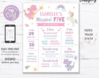 Magical Vibe Unicorn Dragon Milestone Board Poster, Girl 5th Birthday Sign, Pastel Rainbow, Editable Template INSTANT Digital Download Corjl