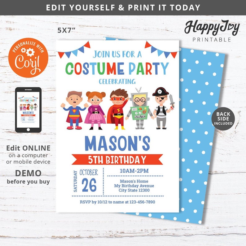 May include: A printable 5x7 inch invitation for a costume party celebrating a child's 5th birthday. The invitation features a colorful design with cartoon characters dressed in costumes, and the text "Join us for a Costume Party Celebrating Mason's 5th Birthday".