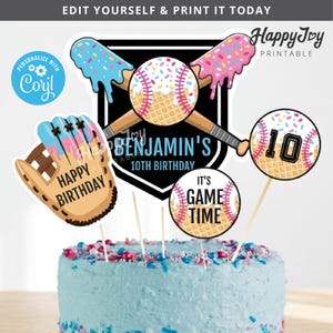 May include: A blue frosted cake with baseball-themed decorations. The decorations include a baseball glove, baseballs, and crossed bats. The cake toppers have text that reads "Happy Birthday", "Benjamin's 10th Birthday", and "It's Game Time".