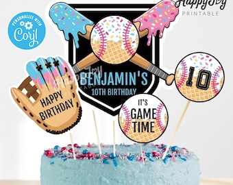 Baseball Ice Cream Drip Cake Topper Centerpiece, Base Ball Drip Sport Birthday Decoration Digital Printable, Editable INSTANT Download Corjl