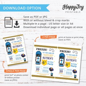 May include: Printable invitation for a 6th birthday party with a police car theme. The invitation features a blue and white police car, handcuffs, and a police officer's hat. The text on the invitation reads "Freeze! Put your hands up! You've been ordered to report to officer Kayden's 6th Birthday Party".