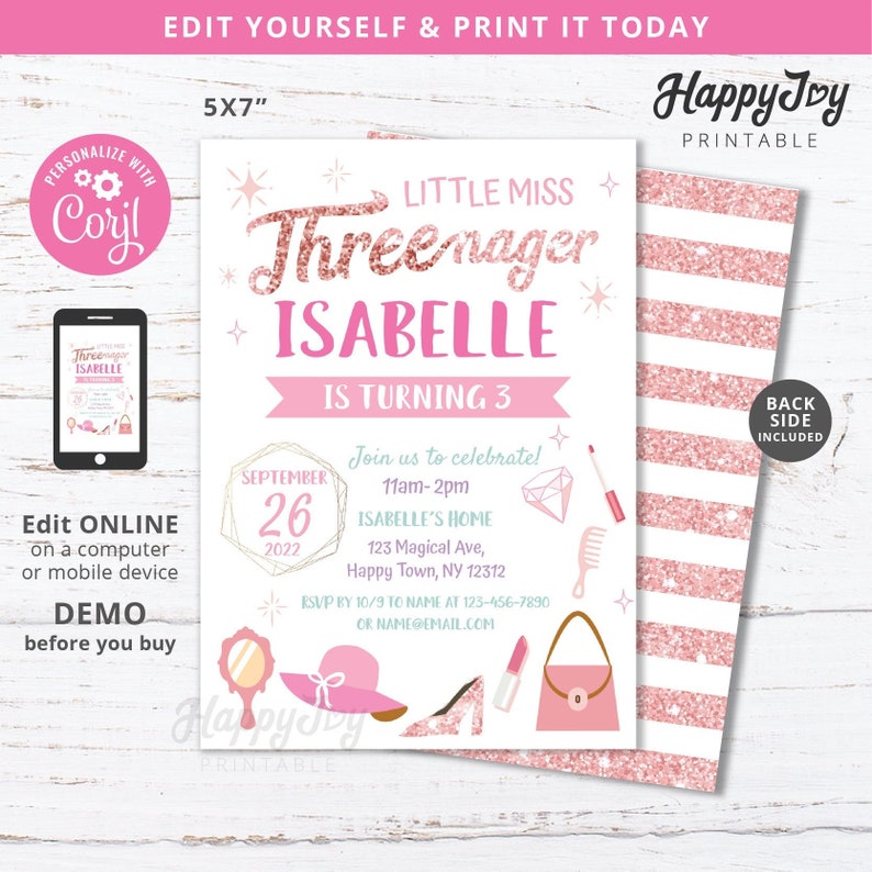 May include: A pink and gold glitter birthday invitation for a girl turning three. The invitation features the text "Little Miss Threenager" and "Isabelle is turning 3". The invitation also includes a date, time, and location for the party.