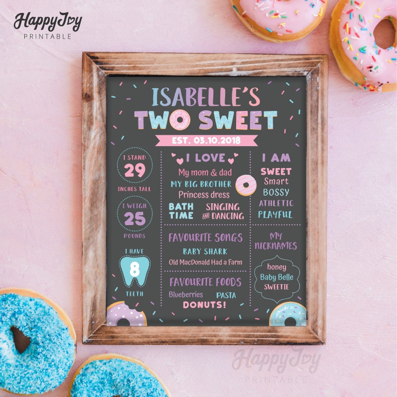 TWO Sweet Donut Milestone Board Poster, 8x10 16x20, Girl's 2nd Birthday, Editable Template INSTANT Digital Download, Edit with Corjl do33 image 2