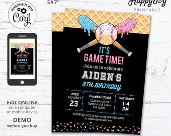 Baseball Drip Ice Cream Birthday Invitation, Teen Boy Baseball Sport Game Party Invite, Editable Digital Template INSTANT Download Corjl
