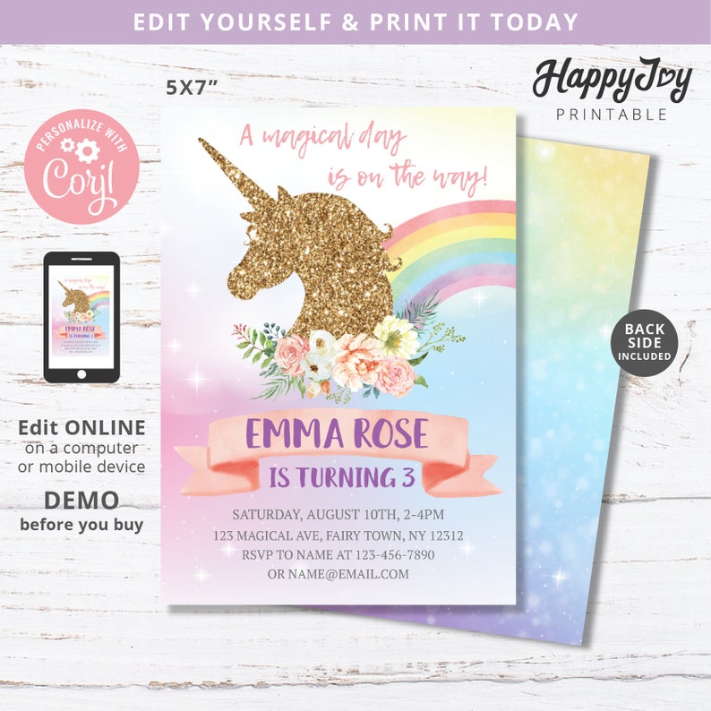 May include: A printable 5x7 inch invitation for a unicorn-themed birthday party. The invitation features a gold glitter unicorn silhouette with a rainbow and flowers. The text reads "A magical day is on the way!" and "Emma Rose is turning 3".