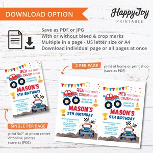 May include: Printable invitation for a 5th birthday party with a monster truck theme. The invitation features a red monster truck with a blue and red design, a trophy, and a checkered flag. The text on the invitation reads "Rev your engines, crush on over, join us to celebrate Mason's 5th birthday".