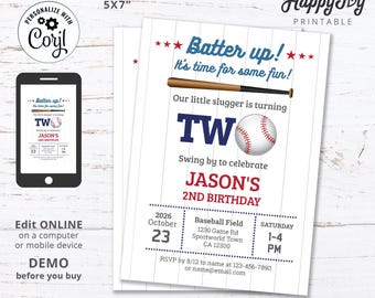 Baseball Party Invitation, Boy 2nd Birthday Baseball Invite, Little Slugger Turn Two, Editable Template INSTANT Download Self Edit Corjl