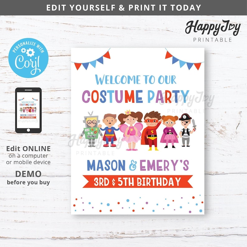 Op de afbeelding: Een printbaar bord voor een kostuumfeest met een witte achtergrond en kleurrijke accenten. Het bord zegt "Welkom op ons kostuumfeest Mason & Emery's 3rd & 5th Birthday". Er zijn illustraties van kinderen in kostuums, waaronder een superheld, een fee, een piraat en een robot.