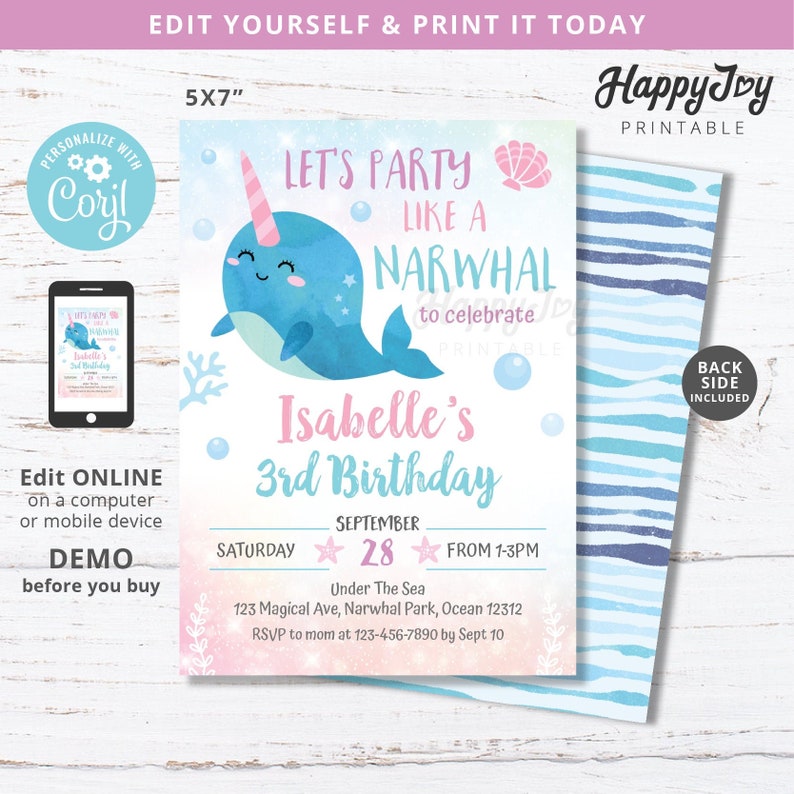 May include: A printable 5x7 inch birthday party invitation with a narwhal theme. The invitation features a blue narwhal illustration, the text "Let's Party Like a Narwhal," and details for Isabelle's 3rd birthday. The back side is included.