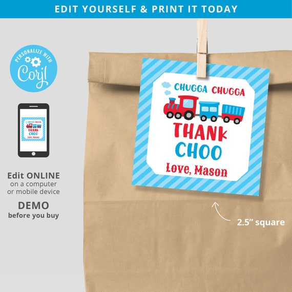 Chugga Chugga Favor Tag Square, Train Birthday Thank Choo Thank You Label Tag 2.5in, Editable Template INSTANT Download, Self Edit Corjl Il_570xn
