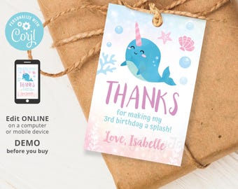 Narwhal Birthday Magical Favor Tag 2x3 Printable, Blue Pink Purple, Thank You Label Tags Editable Template INSTANT Download, Self Edit Corjl