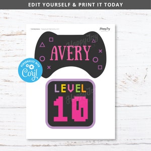 May include: Printable party decorations for a video game themed party. The decorations feature a black and white video game controller with the name Avery and the text "Level 10" in pink and black pixelated font.