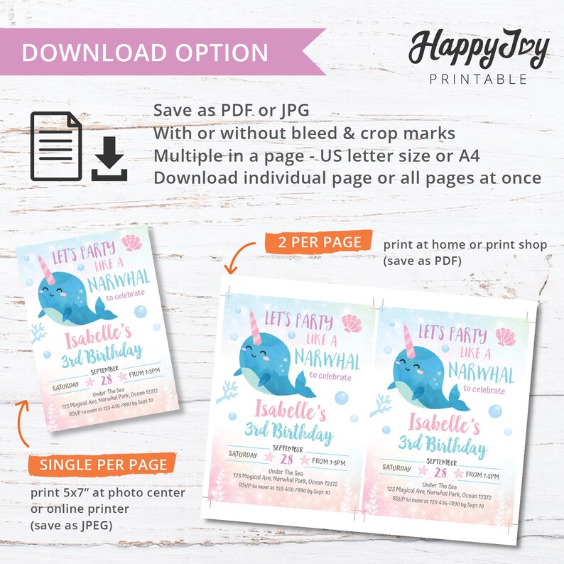 May include: A printable birthday party invitation featuring a cartoon narwhal. The invitation includes the text "Let's Party Like a Narwhal" and details for the event. Available as PDF or JPG, single or multiple per page.