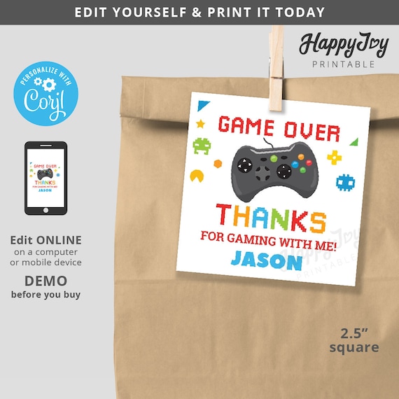 Game Over Favor Tag 2.5", Video Game Controller Thank You Label Tag, Digital Printable Editable Template, INSTANT Access, Self Edit w Corjl Il_570xn