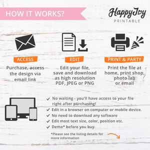 May include: How it works graphic with three steps: access, edit, and print & party.  The graphic shows an envelope, a document with a download arrow, and a printer with a party hat.  The text below each icon explains the steps.  The graphic also includes a list of features: no waiting, edit in a browser, no need to download software, edit text size, color, position, and demo before you buy.