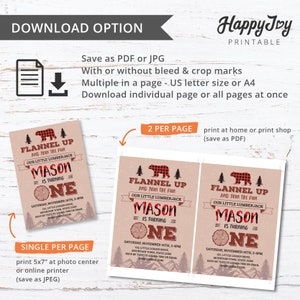 May include: Printable invitation for a first birthday party with a flannel and lumberjack theme. The invitation features a red and black plaid bear, a brown woodgrain background, and the text "Flannel Up and Join the Fun, Our Little Lumberjack Mason is Turning One".