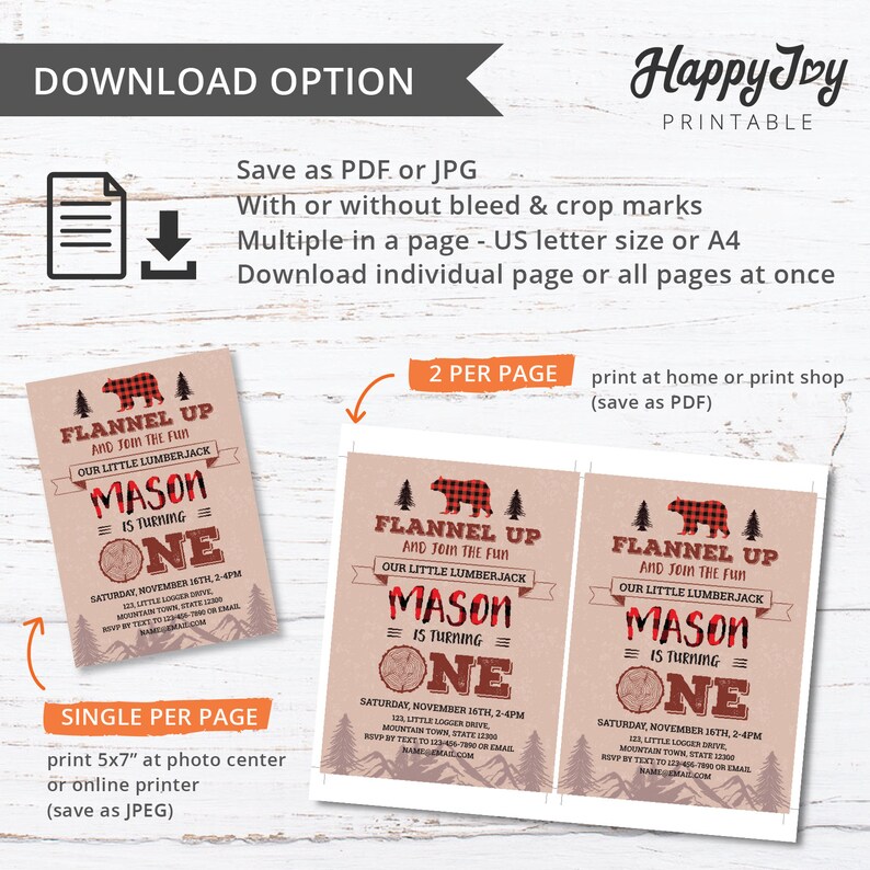 May include: Printable invitation for a first birthday party with a flannel and lumberjack theme. The invitation features a red and black plaid bear, a brown woodgrain background, and the text "Flannel Up and Join the Fun, Our Little Lumberjack Mason is Turning One".